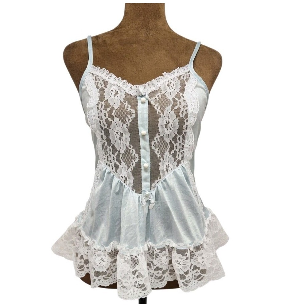 Vintage 90's Rikki New York Lace Trim Ruffle Camisole Top Made in USA M Blue